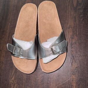 Relativity Silver Buckle Cork Slide Sandals Tan Sole Comfort Slides Size 7